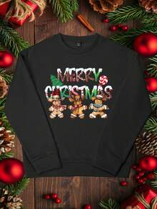 Manfinity Homme Men's Christmas Gingerbread Man Crew Neck Sweatshirt Men Christmas Graphic Sweatshirt Men Slogan Graphic Drop Shoulder Tee Men Sweatshirt , Fall Winter - Black - View 5