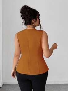 Elenzga 大码女式无袖 V 领开衫，优雅迷人的衬衫 - 薑色 - 查看 2