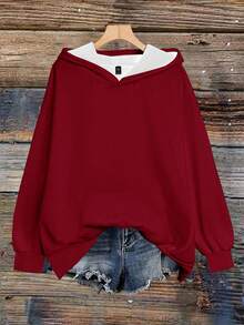 SHEIN EZwear 女士休闲简约酒红色卫衣，饰有海龟印花，适合秋冬季穿着 - 彩色 - 查看 2