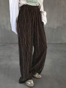 FRIFUL 女式休闲斑马纹松紧腰斜口袋宽松裤，秋季 - 棕色 - 查看 6
