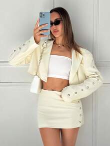 SHEIN EZwear Conjunto elegante de blazer de manga larga y falda lápiz mini con decoración de cuentas tejida de unicolor para mujer, ropa de otoño e invierno