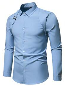 Calvornis Men's Solid Color Button Design Casual Commuter Long Sleeve Business Formal Shirt, Sky Blue