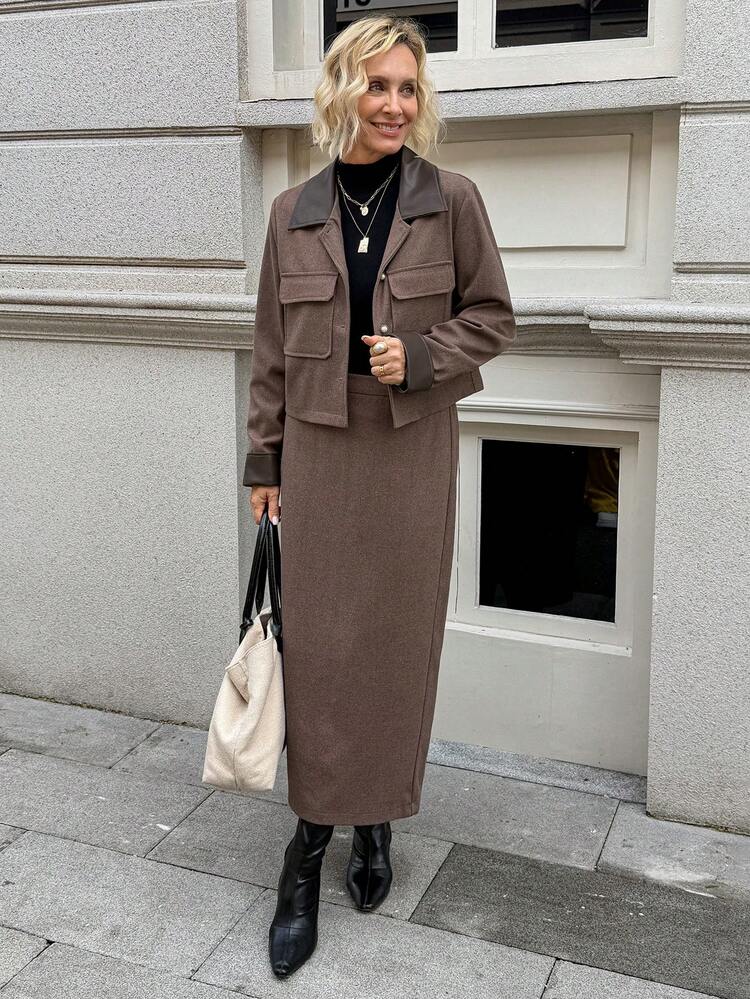 2pcs Women Contrast Color Patchwork Jacket And Skirt Set