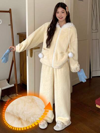 DAZY 加厚抓绒连帽宽松女士睡衣套装，冬季舒适保暖