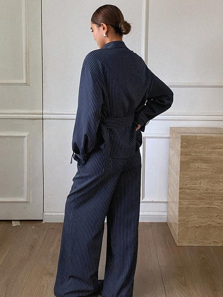 Women's Casual Striped Belted Collar Jacket And Wide Leg Pants 2 Pieces Set, Autumn