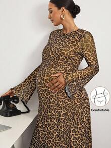 MaterniWear Rochie elegantă pentru femei însărcinate, cu imprimeu leopard și guler rotund, mâneci evazate - Maro - Vizualizare 1