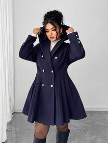 Elenzga 大码女式休闲连帽双排扣A字长袖外套，适合毕业典礼、节日、情人节、圣诞节、音乐节、母亲节、万圣节、感恩节、复活节、国庆节、舞会、约会、派对、婚礼、户外活动、秋冬季穿着。 - 藏蓝色 - 查看 4