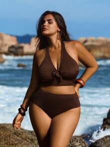 SHEIN Plus Size Women Solid Color Basic 2 Pieces Textured Crop Top & Bikini Set, Casual Vacation - Coffee Brown - View 5