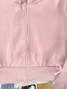 SHEIN 少女宽松休闲简约舒适日常街头风连帽宽松修身口袋拉链短款长袖卫衣外套，白色返校季舒适秋冬款式，适合秋冬季日常穿着、街头风、居家圣诞节粉色卫衣新年 - 粉色 - 查看 5