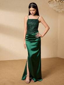 伴娘高端修身吊带抹胸亮片拼接缎面开衩礼服，适合婚礼、晚宴、生日、圣诞节、舞会等场合。 - 墨綠色 - 查看 5