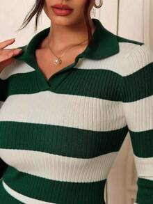 Modelyn Women's Striped Turtleneck Long Sleeve Fitted Sweater, Autumn/Winter - Green - View 6