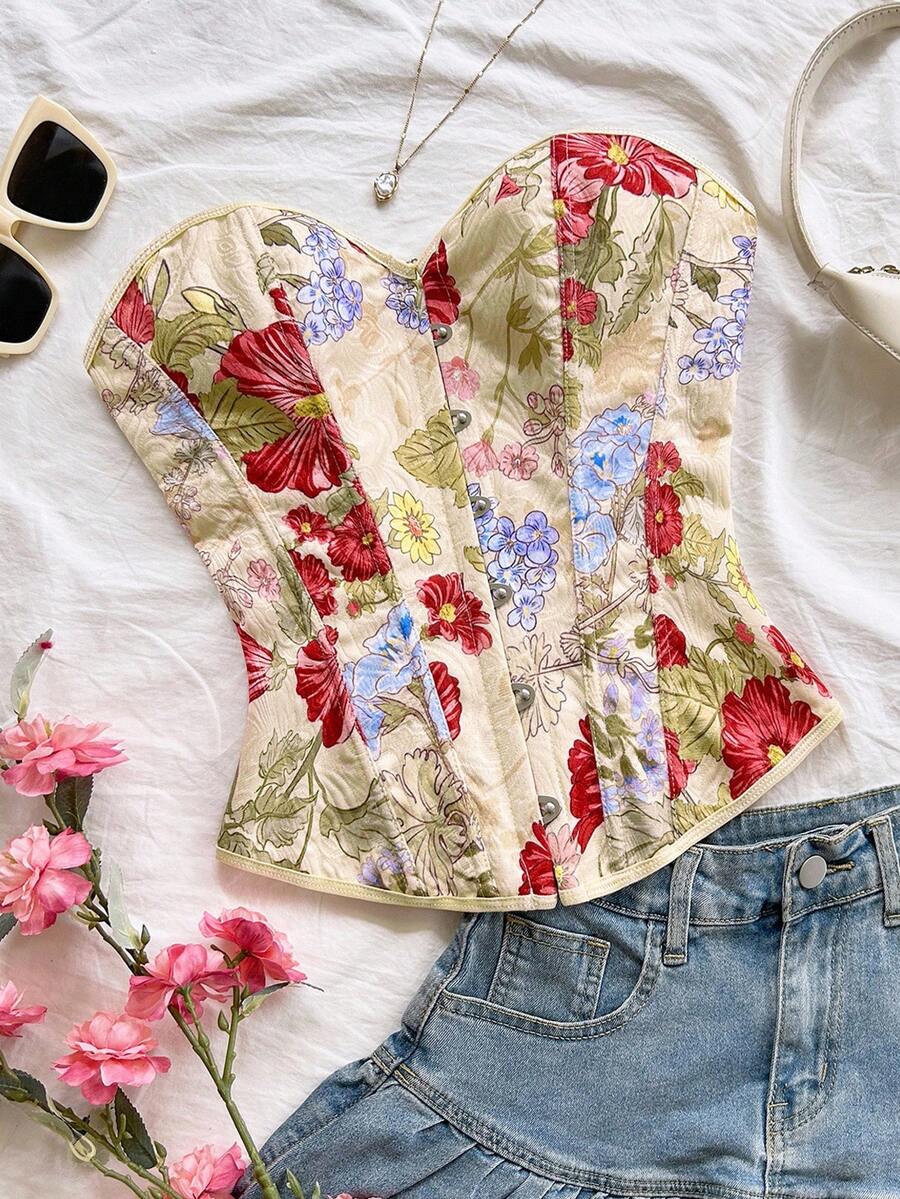 Soleia 复古牛仔印花系带抹胸短款上衣,适合度假、派对、约会、情人节、复活节、狂欢节、下午茶、海滩、邮轮、城市度假、秋冬分层搭配、一字肩上衣、一字肩毛衣、基本款上衣、外套、教师装、返校装、女士冬装、女士秋装、生日、街头服饰、女士约会之夜、女士办公室装、万圣节、音乐节服装、秋冬上衣 - 彩色 - 查看 1