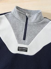 SHEIN 2pcs Kids Boy Casual Everyday Comfortable Contrast Color Block Stand Collar Zip-Up Loose Pullover Hoodie And Relaxed Solid Color Sweatpants Tracksuit Set, Suitable For School, Garden, Beach, Birthday, Spring, Summer, Fall, Winter