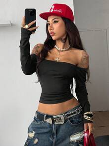 女士秋冬休闲摇滚日常穿着外出针织露肩长袖 T 恤、灰黑条纹和全黑两件套服装 - 彩色 - 查看 3