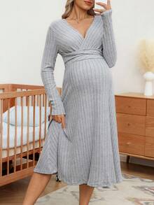 SHEIN 孕妇休闲纯色高腰连衣裙，秋季 - 灰色 - 查看 7