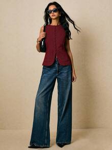 Poéselle 女士时尚通勤格子无袖衬衫 - 紅色 - 查看 7