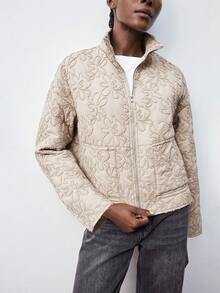 Maija 女士休闲纯色花卉刺绣夹克，秋冬 - 棕色 - 查看 5