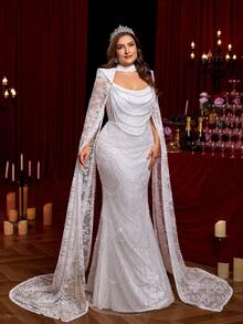Glamrae Plus Size Elegant Romantic White Stand Collar Front Hollow Luxury Sequins Embellished French Lace Long Sleeve Mermaid Hem Heavily Embellished Bridal Wedding Dress - White - View 8