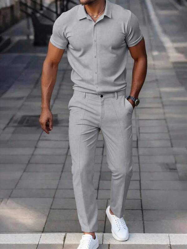 Manfinity CasualCool Conjunto de camisa de manga corta y pantalones de unicolor casual para hombres