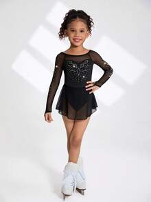 年轻女孩花样滑冰裙，专业运动，日常训练，校园比赛，时尚黑色水钻图案，插肩袖，防走光裙摆设计，高弹舒适花样滑冰裙 - 黑色 - 查看 5