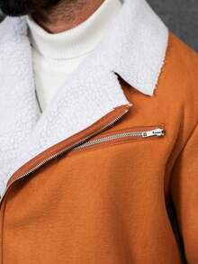 Manfinity Homme Men's Lapel NeckLong Sleeve Zip-Up Casual Jacket, Thermal Lined, Autumn/Winter - Khaki - View 5