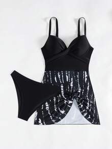 Swim Lushoire Women's Summer Beach Vacation Camisole Strap Bikini, Tummy Slimming Molded Cup Non-Removable Padded Underwire Push Up Separate Swimsuit Bikini Bottom Beachwear High Waisted One Piece Swim Dress Tummy Control Swimsuit 2 Piece Skirt Swimsuit - Black and White - View 6