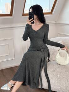 Feyla 女式休闲罗纹腰带连衣裙 - 深灰色 - 查看 3