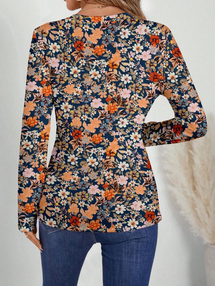 レディース Vネック 長袖 Tシャツ ヴィンテージ フローラル柄、秋冬シーズンに適しています