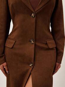 Radiana Brown Vintage Suede-Like Faux Fur Long Windbreaker Coat, Elegant Long Blazer Jacket For Autumn/Winter Thanksgiving Chocolate Brown - Coffee Brown - View 5