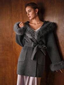 MOTF PREMIUM WOOL BELTED CONTRAST FAUX FUR OVERCOAT - Grey - View 6