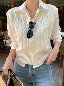 DAZY Women's V-Neck Cable Knit Loose Fit Sweater Vest, Casual Layering Piece For Autumn/Winter - Beige - View 5