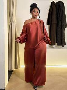 Maweii Set casual da 2 pezzi oversize con spalla asimmetrica e maniche lunghe