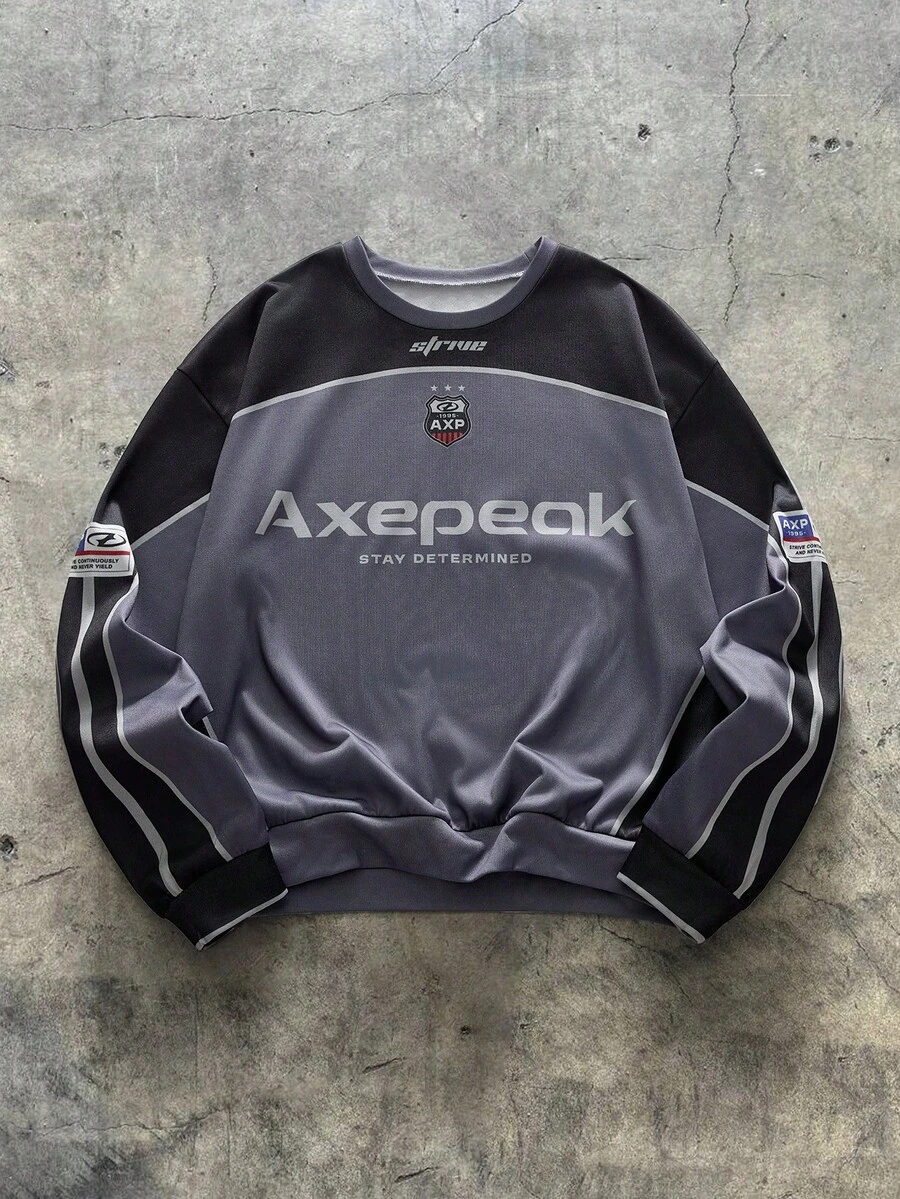 AXEPEAK Men's Patterned Sweatshirt With Stylish Sports Patchwork Prints Fleece-Based Fabric And Loose Fit, Perfect For Fall And Winter, Long Sleeve Top - Grey - View 1