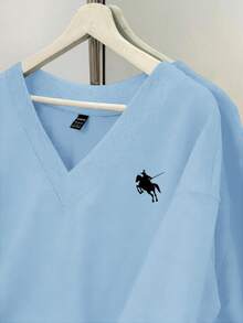 SHEIN EZwear 女士休闲花卉印花超大V领宽松运动衫，浅蓝色和深灰色，适合秋冬季 - 淺藍色 - 查看 6