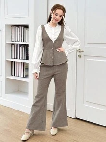 Khaki Plaid Ruffle Trim Shirt & Flare Pants Casual Outfit For Teen Girls Girls Career Pant Suits Linen Two Piece Set Teagan Shirts And Pants Outfit 15 Years Old Girls Pants Suit Teen Pant Suit - Khaki - View 3