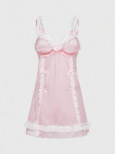 ROMWE Women's Kawaii Mesh Lace Doll Dress With Bow, Sexy Nightgown