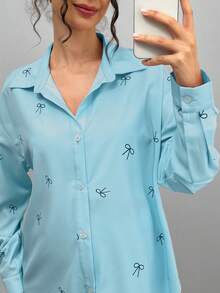 Momance Elegant Casual Butterfly Print Pink Long Cardigan Maternity Set - Blue - View 7