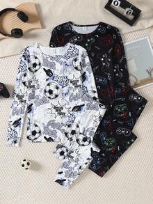 4pcs/Set Teenage Boys' Football & Game Print Long Sleeve Top And Long Pants Snug Fit Loungewear Set - Multicolor - View 7