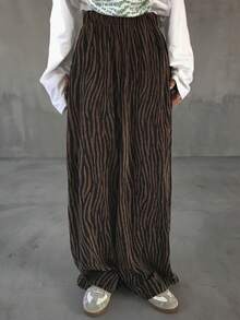 FRIFUL 女式休闲斑马纹松紧腰斜口袋宽松裤，秋季 - 棕色 - 查看 5