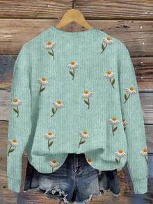 EMERY ROSE Casual Minimalist Floral All-Over Print Loose Fit Green Plus Size Off-Shoulder Sweatshirt, Autumn/Winter - Multicolor - View 2