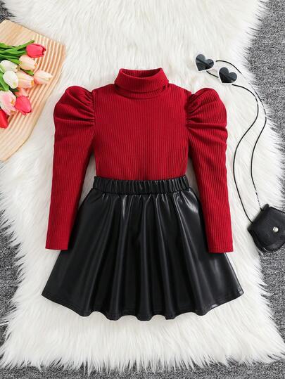 SHEIN Conjunto de 2 piezas de niñas jóvenes con camisa de manga larga de cuello rojo elegante y casual + falda de cuero sintético negro, conjunto a juego para hermanas
