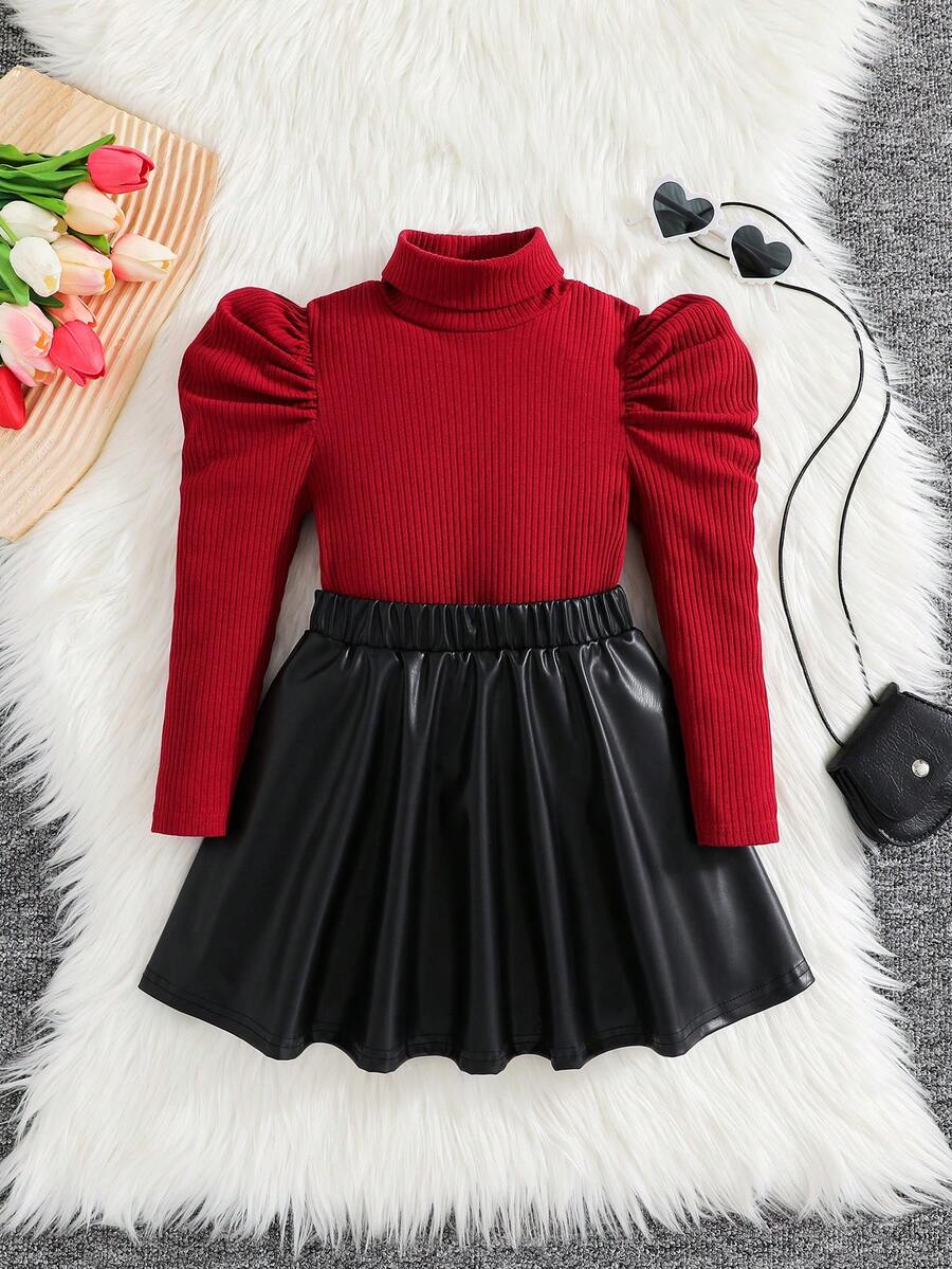 SHEIN 2pcs/Set Young Girls Elegant Autumn 7th Birthday Outfit,Red Collar Long Sleeve T-Shirt + Black PU Leather Skirt,Kids Sisters Matching Clothes Set - Burgundy - View 1