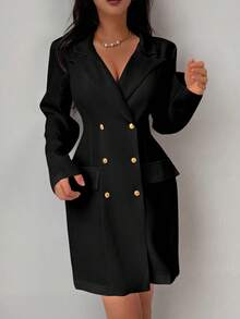 EMERY ROSE Quần áo váy dài tay cổ chữ V màu trắng thanh lịch, hai hàng khuy cho trường đại học, vải mùa thu dành cho nữ - màu đen - Xem 3