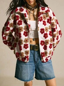 SoleilVie 女式宽松落肩花卉印花大衣 - 紅白色 - 查看 1