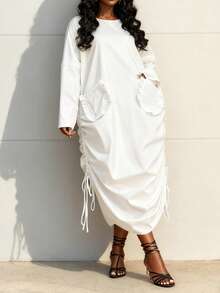Slaydiva Đầm nữ mùa Thu/Đông mới về, kiểu dáng rộng rãi với túi xếp ly, xẻ tà hai bên, dây rút eo, cỡ lớn - Màu trắng - trắng - Xem 1