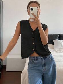 Siren Gaze 秋冬女士纯色单排扣V领休闲针织背心 - 黑色 - 查看 4