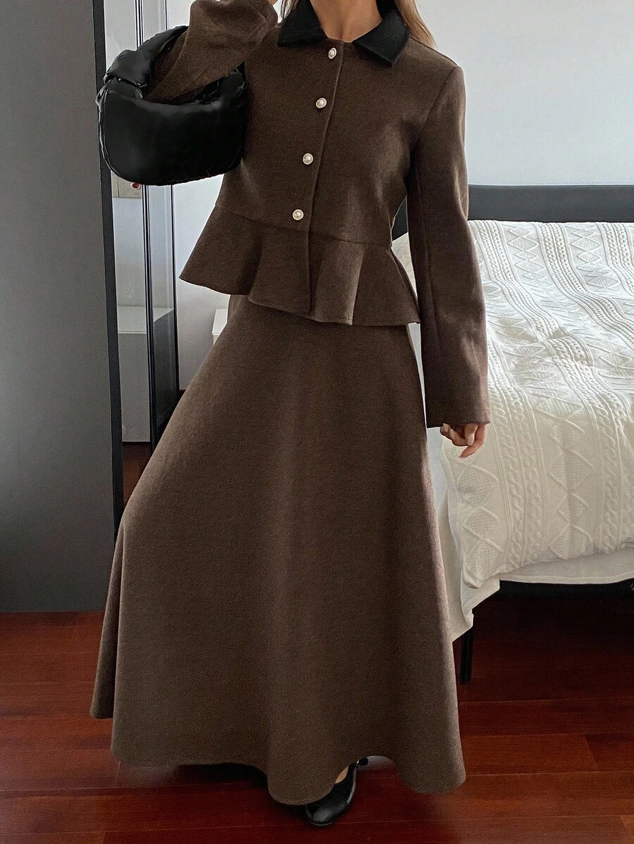 DAZY Elegante conjunto de 2 piezas: chaqueta holgada de negocios casuales en color marrón y falda de línea A, adecuado para la oficina y el transporte en otoño/invierno - Café integral - Ver 1