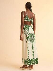 CAJUNI Đầm không tay màu hồng boho in hình cây chuối và quả dứa cho nữ, cạp chun sau lưng khoét sâu, váy mùa hè thường ngày cho ngày lễ - màu xanh lá - Xem 2
