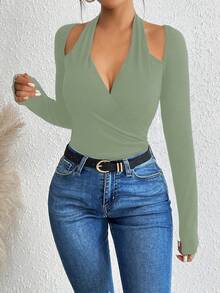 SHEIN Unity 女式纯色镂空设计性感长袖紧身衣 - 綠色 - 查看 4