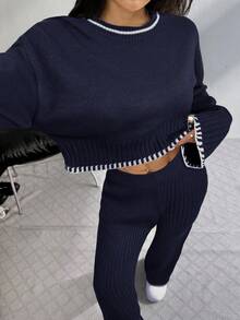 SHEIN EZwear 女式休闲海军蓝撞色镶边圆领长袖毛衣和裤子两件套西装，女式秋季服装 - 藏蓝色 - 查看 3